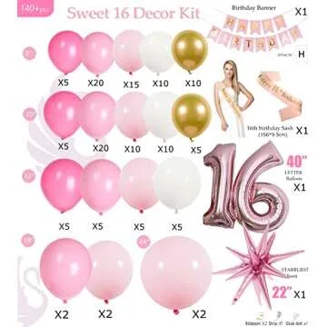 Sweet 16 birthday decorations 140pcs Pink Gold white Balloon garland With 16th Letter balloon & Glittery Birthday Banners & Sash for Girl 16th Birthday Party