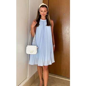 PRETTYGARDEN Womens Summer Dresses 2024 Cute Halter Neck Sleeveless Mini Dress Solid Color Flowy Pleated Beach Dress Sundress(X-Large, Light Blue)