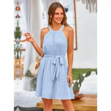 PRETTYGARDEN Womens Summer Dresses 2024 Cute Halter Neck Sleeveless Mini Dress Solid Color Flowy Pleated Beach Dress Sundress(X-Large, Light Blue)