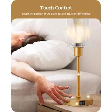 EDISHINE Glass Table Lamp, Touch Control Bedside Lamp with USB C+A Charging Ports, 3 Way Dimmable Nightstand Lamp for Bedroom Living Room Office, Striped Glass Shade, Gold