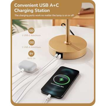 EDISHINE Glass Table Lamp, Touch Control Bedside Lamp with USB C+A Charging Ports, 3 Way Dimmable Nightstand Lamp for Bedroom Living Room Office, Striped Glass Shade, Gold
