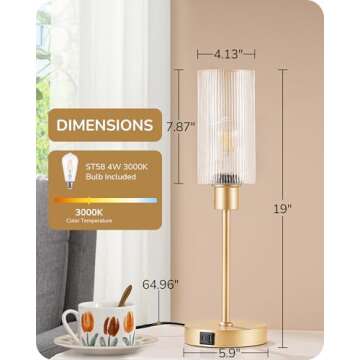 EDISHINE Glass Table Lamp, Touch Control Bedside Lamp with USB C+A Charging Ports, 3 Way Dimmable Nightstand Lamp for Bedroom Living Room Office, Striped Glass Shade, Gold