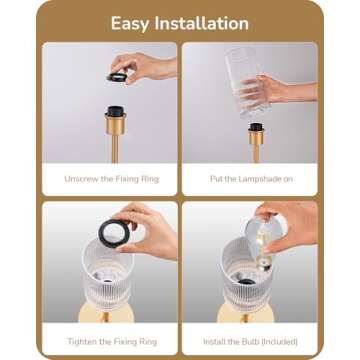 EDISHINE Glass Table Lamp, Touch Control Bedside Lamp with USB C+A Charging Ports, 3 Way Dimmable Nightstand Lamp for Bedroom Living Room Office, Striped Glass Shade, Gold