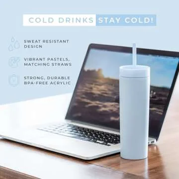 STRATA CUPS Periwinkle Skinny Tumblers with Lids and Straws (12 pack) - 16oz Double Wall Acrylic Tum...