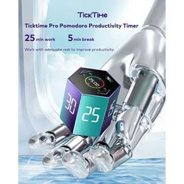 Ticktime Pomodoro Productivity Timer Cube, Hexagon Flip Clock, Pause & Resume, Silent, Vibrate & Adjustable Sound Alarm, for ADHD, Task, Work, Study, 5/15/25/30/45/60min & Custom Countdown, Purple
