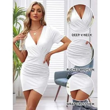 Sarin Mathews Womens Deep V Neck Bodycon Mini Summer Dress Short Sleeve Ruched Wrap Sexy Club Party Cocktail Dresses White M