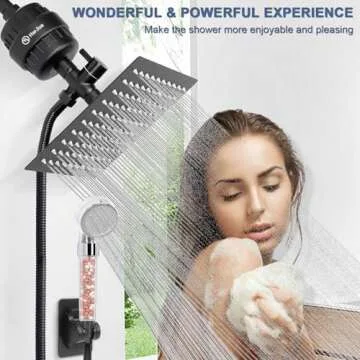 HarJue Filter Shower Head, High Pressure ShowerHead with Filter Combo for Hard Water, Remove Chlorine Fluoride and Harmful Substances- 1 Replaceable Filter Cartridge（8 Inch, Matte Black）
