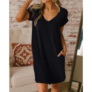 BTFBM Women V Neck Short Sleeve Summer Dresses 2025 Spring Casual Loose Tunic Short T-Shirt Dress Pajamas with Pockets(Black, XX-Large)