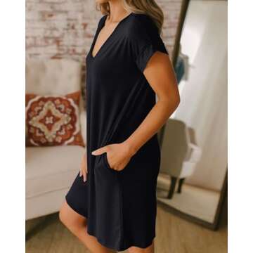 BTFBM Women V Neck Short Sleeve Summer Dresses 2025 Spring Casual Loose Tunic Short T-Shirt Dress Pajamas with Pockets(Black, XX-Large)
