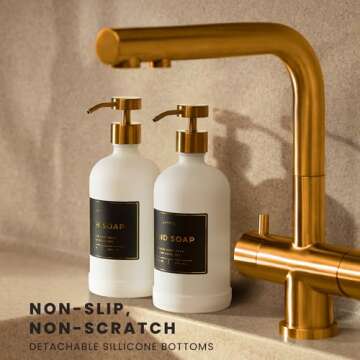 Verute 16oz Glass Soap Dispenser with Stainless Steel Pump, 21 Waterproof Labels, Non-Slip Protectiv...