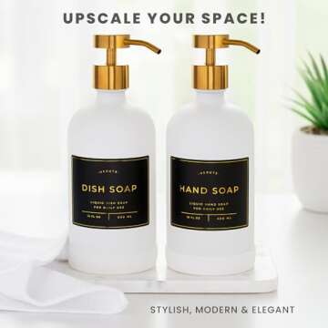 Verute 16oz Glass Soap Dispenser with Stainless Steel Pump, 21 Waterproof Labels, Non-Slip Protective Silicone Pad, Set of 2 for Bathroom & Kitchen (Matte White Bottle/Brushed Gold Pump)