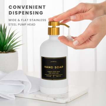 Verute 16oz Glass Soap Dispenser with Stainless Steel Pump, 21 Waterproof Labels, Non-Slip Protective Silicone Pad, Set of 2 for Bathroom & Kitchen (Matte White Bottle/Brushed Gold Pump)