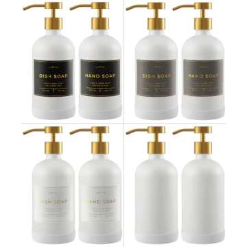 Verute 16oz Glass Soap Dispenser with Stainless Steel Pump, 21 Waterproof Labels, Non-Slip Protective Silicone Pad, Set of 2 for Bathroom & Kitchen (Matte White Bottle/Brushed Gold Pump)