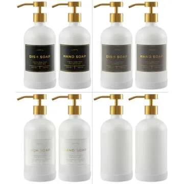 Verute 16oz Glass Soap Dispenser with Stainless Steel Pump, 21 Waterproof Labels, Non-Slip Protective Silicone Pad, Set of 2 for Bathroom & Kitchen (Matte White Bottle/Brushed Gold Pump)