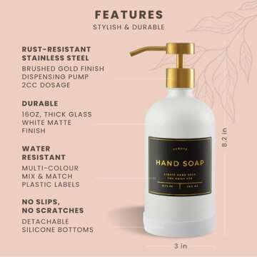 Verute 16oz Glass Soap Dispenser with Stainless Steel Pump, 21 Waterproof Labels, Non-Slip Protective Silicone Pad, Set of 2 for Bathroom & Kitchen (Matte White Bottle/Brushed Gold Pump)