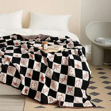 YIRUIO Halloween Decorations Indoor Home Decor Knitted Blanket Throw Checkered Microfiber Warm Soft ...