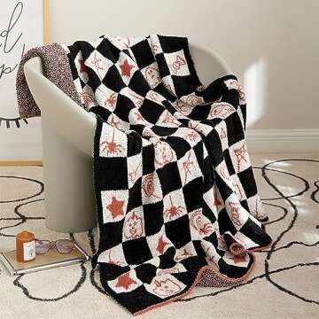 YIRUIO Halloween Decorations Indoor Home Decor Knitted Blanket Throw Checkered Microfiber Warm Soft Fluffy Plush Cozy for Party Gifts Autumn Fall Winter (Black)