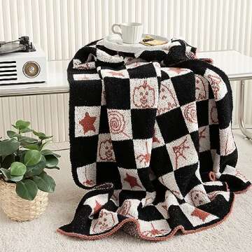 YIRUIO Halloween Decorations Indoor Home Decor Knitted Blanket Throw Checkered Microfiber Warm Soft Fluffy Plush Cozy for Party Gifts Autumn Fall Winter (Black)