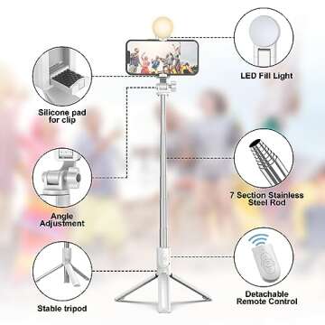 Phone Tripod & Selfie Stick, Extendable Cell Phone Tripod Stand with Wireless Remote and Phone Holder, Compatible with iPhone Android Phone, Camera (White-1)