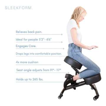 Sleekform Atlanta Ergonomic Kneeling Chair - Home Office Desk Stool for Back Posture Support, Comfortable Cushions, Angled Seat, Wheels, Rolling, Black