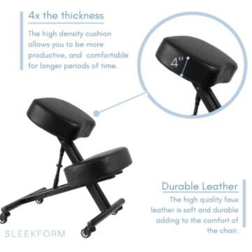 Sleekform Atlanta Ergonomic Kneeling Chair - Home Office Desk Stool for Back Posture Support, Comfortable Cushions, Angled Seat, Wheels, Rolling, Black