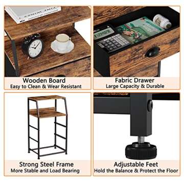 Furnulem Nightstand with 3 Drawers and 2-Tier Shelf, Fabric Small Dresser Organizer Vertical Storage Tower for Bedroom, Closet, Hallway, Nursery, End Table Side Furniture, Sturdy Steel Frame, Wood Top
