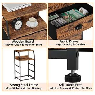 Furnulem Nightstand with 3 Drawers and 2-Tier Shelf, Fabric Small Dresser Organizer Vertical Storage Tower for Bedroom, Closet, Hallway, Nursery, End Table Side Furniture, Sturdy Steel Frame, Wood Top
