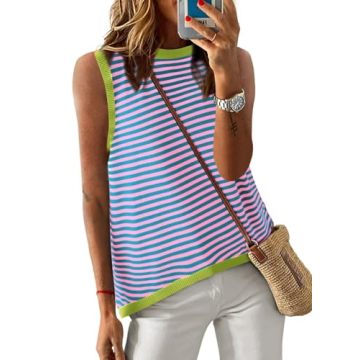 Dokotoo Striped Summer Tops for Women - Casual Knit Crewneck Tank Top in Green Medium