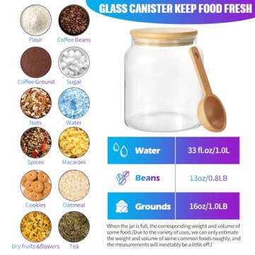 Glass Food Storage Jar with Lids Spoon Thicken Glass Coffee Canister Borosilicate Glass Food Containers for Ground Coffee Beans Nut Pasta Sugar Candy Spice Rice Loose Tea (1000ml(33oz))