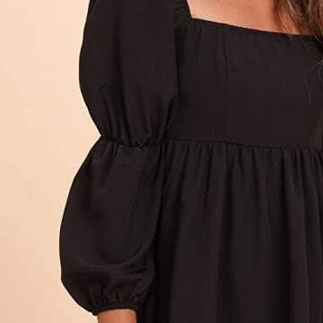 EXLURA Womens Square Neck Dress Long Puff Sleeve A-Line Casual Short Mini Dress Black