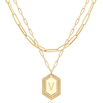 MEVECCO Dainty Gold Initial Necklace - Personalized Layered Jewelry with Hexagon Letters for Women