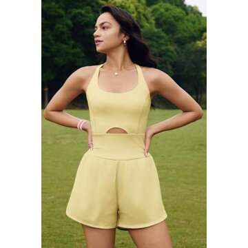ReachMe Womens Running Onesie Workout Rompers One Piece Work out Outfits Athletic Romper Jumpsuits(Light Yellow,S)
