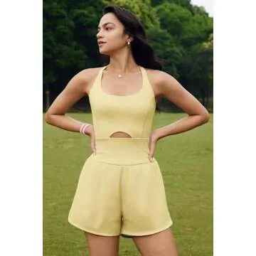 ReachMe Womens Running Onesie Workout Rompers One Piece Work out Outfits Athletic Romper Jumpsuits(Light Yellow,S)