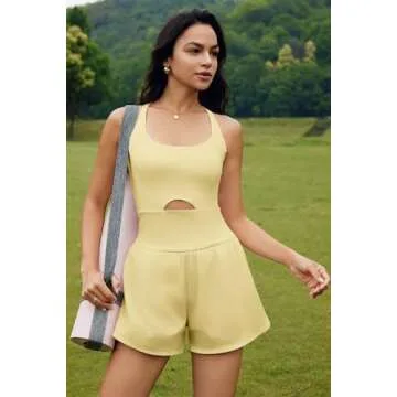 ReachMe Womens Running Onesie Workout Rompers One Piece Work out Outfits Athletic Romper Jumpsuits(Light Yellow,S)