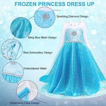 TOLOYE Elsa Costume for Girls,Princess Elsa Dresses Up Clothes with Crown Fairy Wand Necklace for Bi...