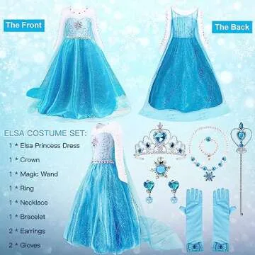 TOLOYE Elsa Costume for Girls,Princess Elsa Dresses Up Clothes with Crown Fairy Wand Necklace for Birthday Party Cosplay (130)