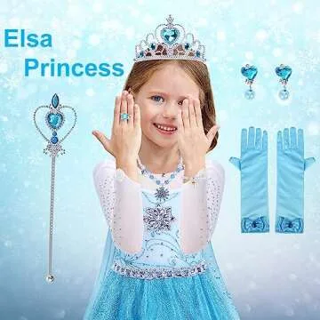 TOLOYE Elsa Costume for Girls,Princess Elsa Dresses Up Clothes with Crown Fairy Wand Necklace for Birthday Party Cosplay (130)