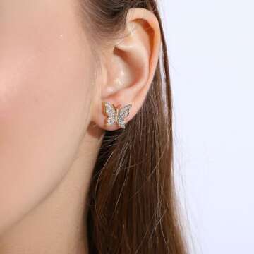 Stunning CZ Butterfly Studs Earrings in 14K Gold for Women