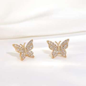 Stunning CZ Butterfly Studs Earrings in 14K Gold for Women
