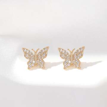 Stunning CZ Butterfly Studs Earrings in 14K Gold for Women