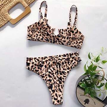 EJsoyo Women High Waisted Bikini Sexy Snakeskin Print Brazilian Beach Swimwear Set (Leopard, Large)