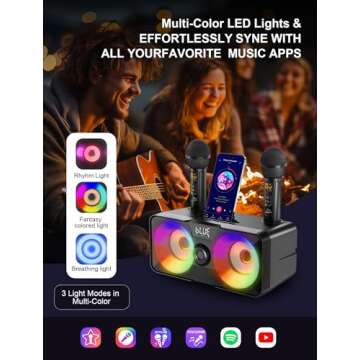 Karaoke Machine for Adults Kids with Dual Wireless Microphones and LED Lights