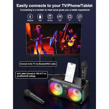 Portable Karaoke Machine with Wireless Microphones and LED Lights