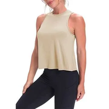 Mippo Cropped Workout Tops for Women Workout Shirts Sleeveless Tank Flowy Loose Crop High Neck Tank Tops Apricot M