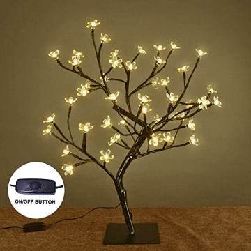 LIGHTSHARE 18 Inch Cherry Blossom Bonsai Tree, 48 LED Lights, 24V UL Listed Adapter Included, Metal Base, Warm White Lights, Ideal as Night Lights, Home Gift Idea
