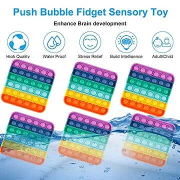 Genovega 6 Packs Fidget Toys Gifts for Boys Girls Kids, Classroom Tools Aids Push Bubble Sensory Party Grade Group Preschool Graduation Favors Instruction Learning Game Rainbow Square Bulk