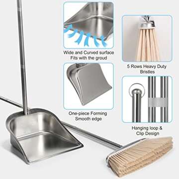VOOWO Broom and Dustpan Set for Home, Stainless Steel Broom and Dustpan Set with Long Handle, Heavy Duty Dustpan Broom Set Standing Dust Pan Kitchen and Home Indoor Outdoor Broom