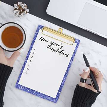 Piasoenc Acrylic Small Clipboard, Fashion Glitter Clip Board with Low Profile Gold Clip, Cute Confetti Board for Kids, Students, Teacher, Woman, Artist, A5 Letter Size 6 x 9 in, Blue