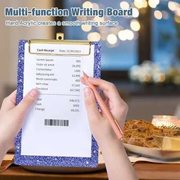 Piasoenc Acrylic Small Clipboard, Fashion Glitter Clip Board with Low Profile Gold Clip, Cute Confetti Board for Kids, Students, Teacher, Woman, Artist, A5 Letter Size 6 x 9 in, Blue