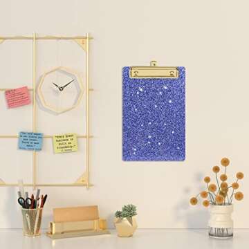 Piasoenc Acrylic Small Clipboard, Fashion Glitter Clip Board with Low Profile Gold Clip, Cute Confetti Board for Kids, Students, Teacher, Woman, Artist, A5 Letter Size 6 x 9 in, Blue